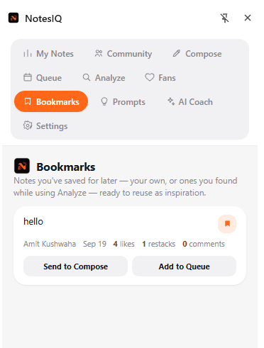 NotesIQ Bookmarks tab